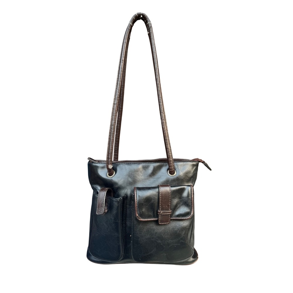 Vintage Black Brown Leather Multi Pocket Shoulder Bag Tote